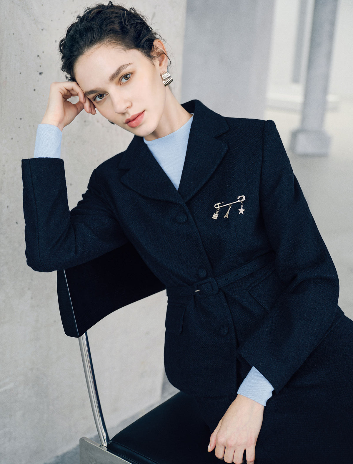Wool Blend Notched-Lapel Three-Button Cropped Jacket