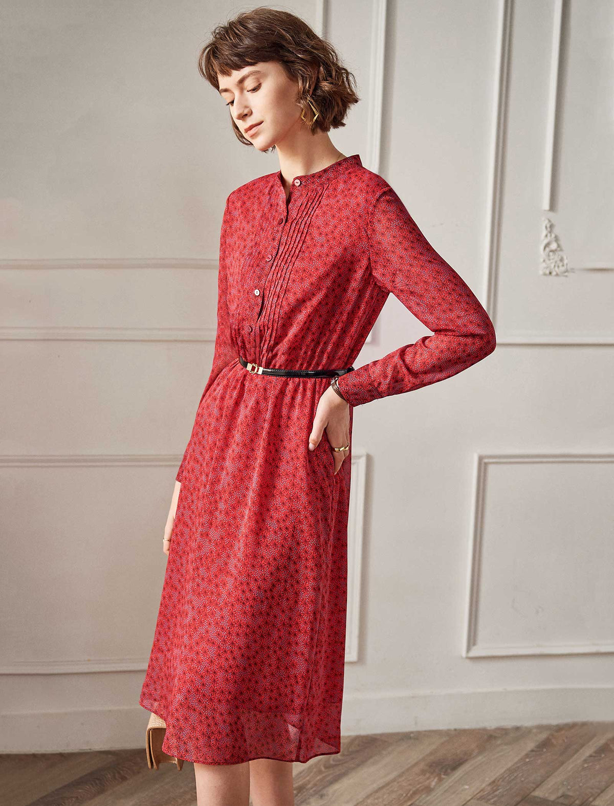 Red Ditsy Print Long Sleeve Midi Dress