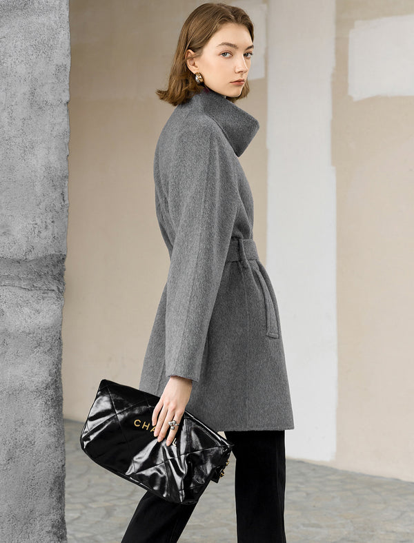 Wool-Blend Button Detail Self-Tie Coat