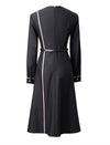 V-Neck Long Sleeve Belted Streamlined Midi Dress