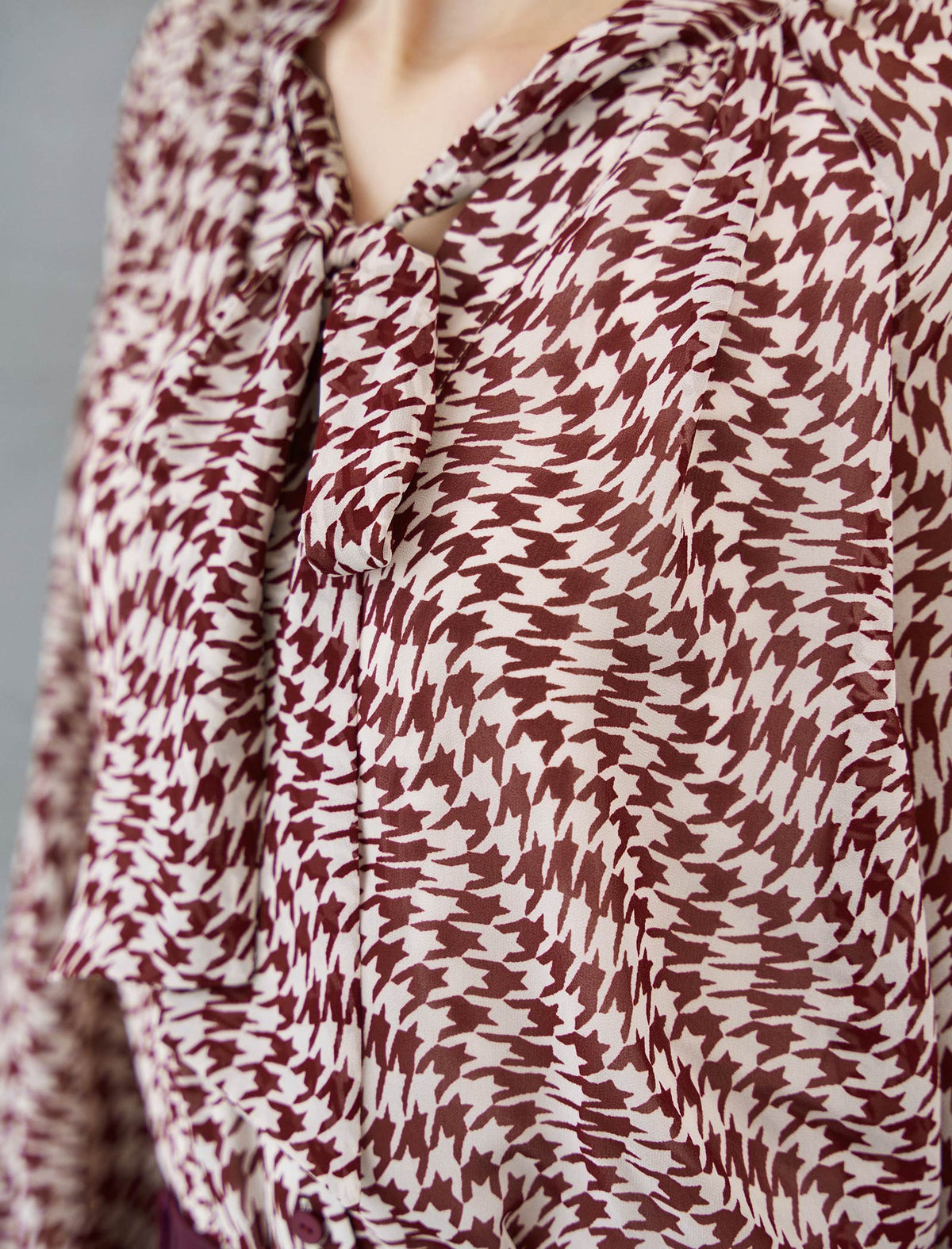 Houndstooth Tie-Neck Blouse