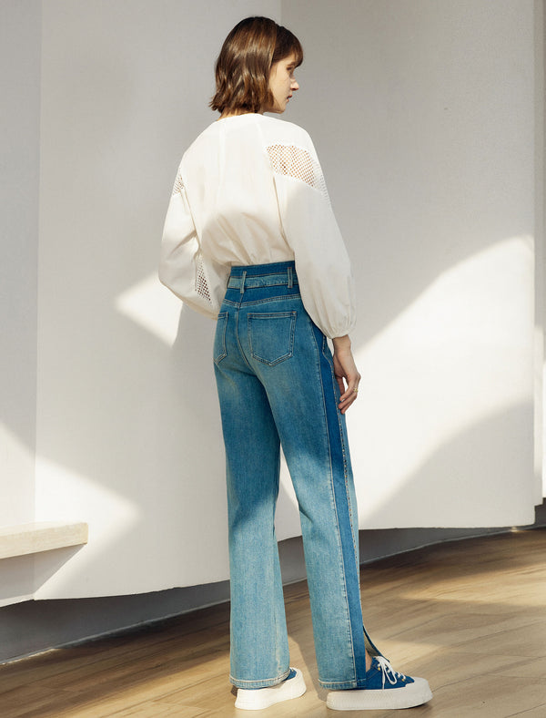 Mesh Detail Round Neck Puff Sleeve Blouse