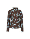 Floral Print Rhinestone Ruched Turtleneck Long Sleeve Top
