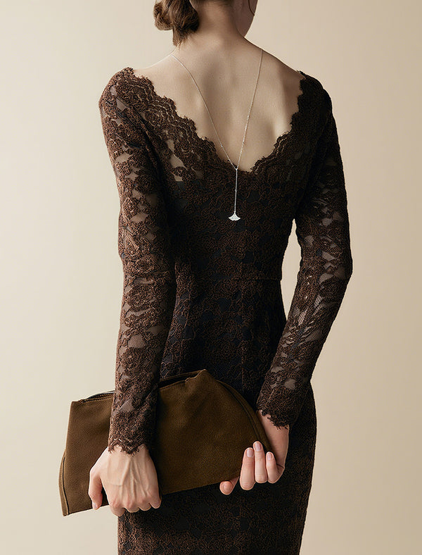 Brown Lace Long Sleeve Midi Dress