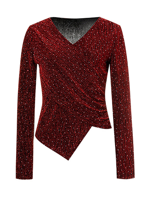 Glittery Wrap-Front Long Sleeve Top