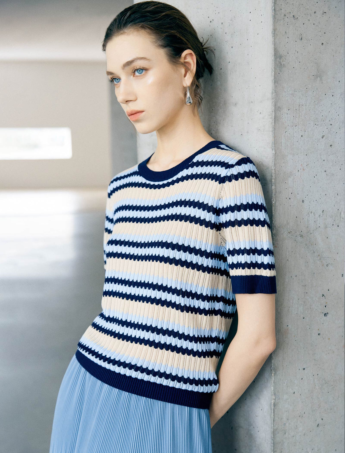 Tencel Striped Short-Sleeve Knit Top