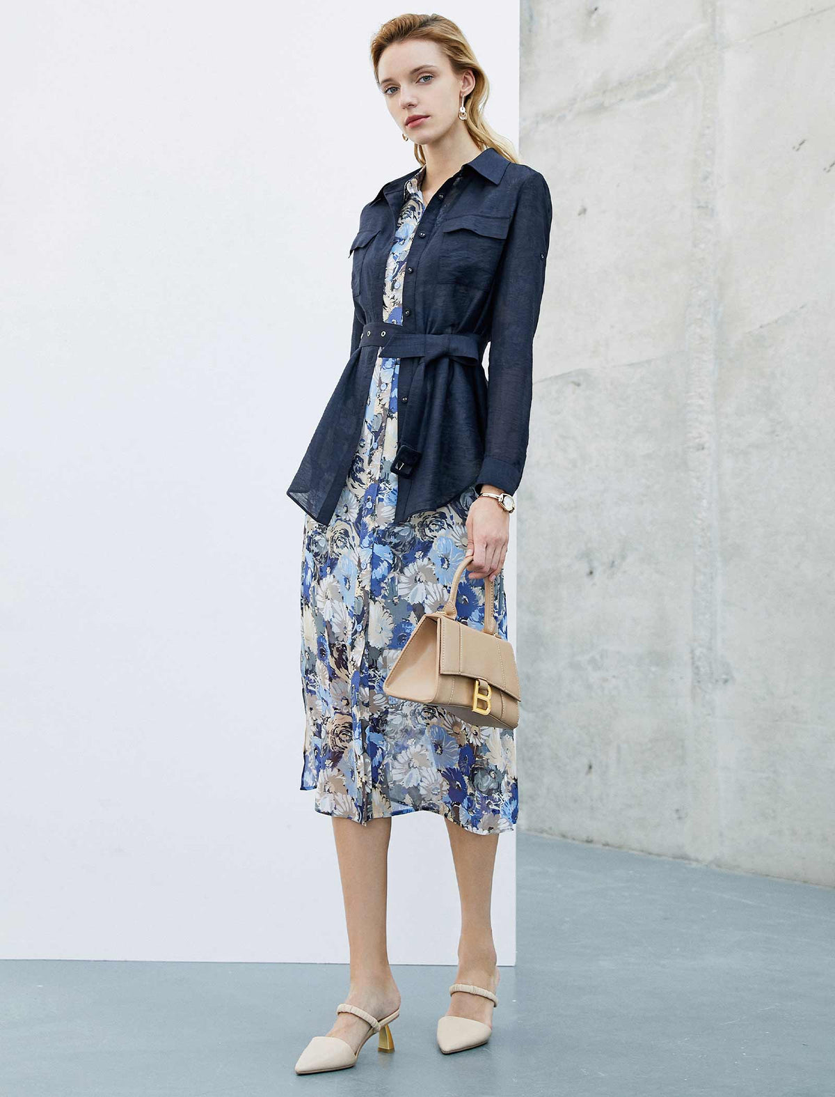 Navy Sheer Belted Shirt