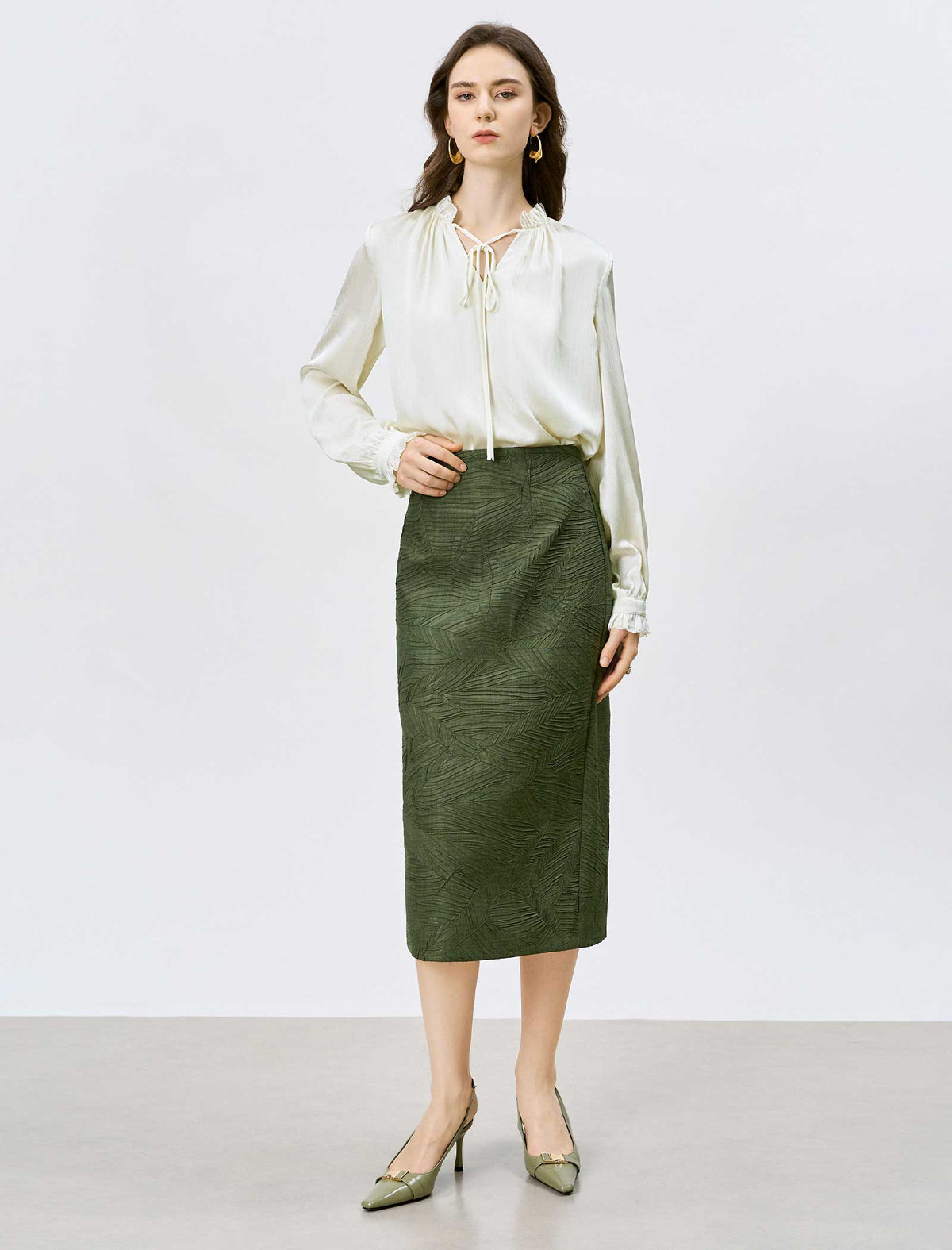 Dark Green Textured Midi Pencil Skirt