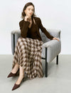 Brown Checked Pleated Midi Skirt