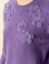 Wool Blend Floral Beaded Accents Crewneck Sweater