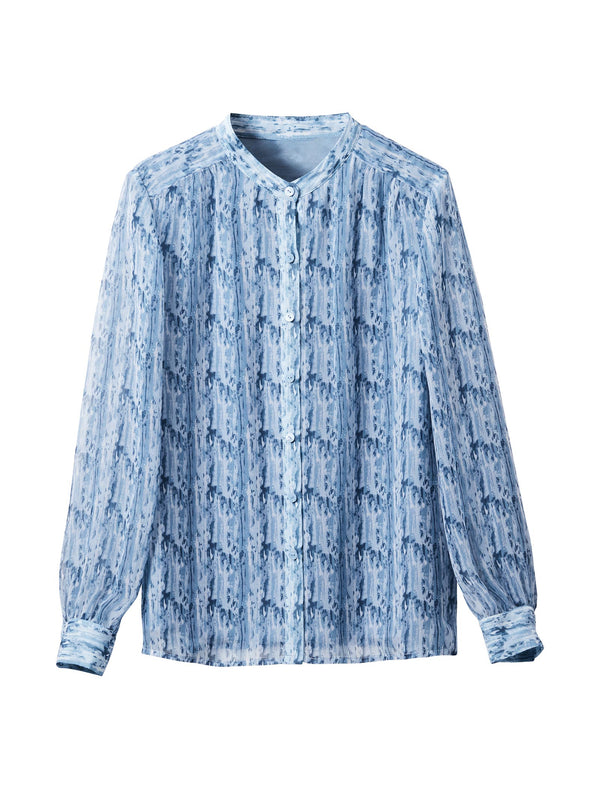 Blue Floral Stand Collar Chiffon Long-Sleeve Blouse