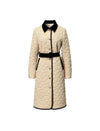 Velvet-Trim Collared Button-Front Belted Quilted Coat