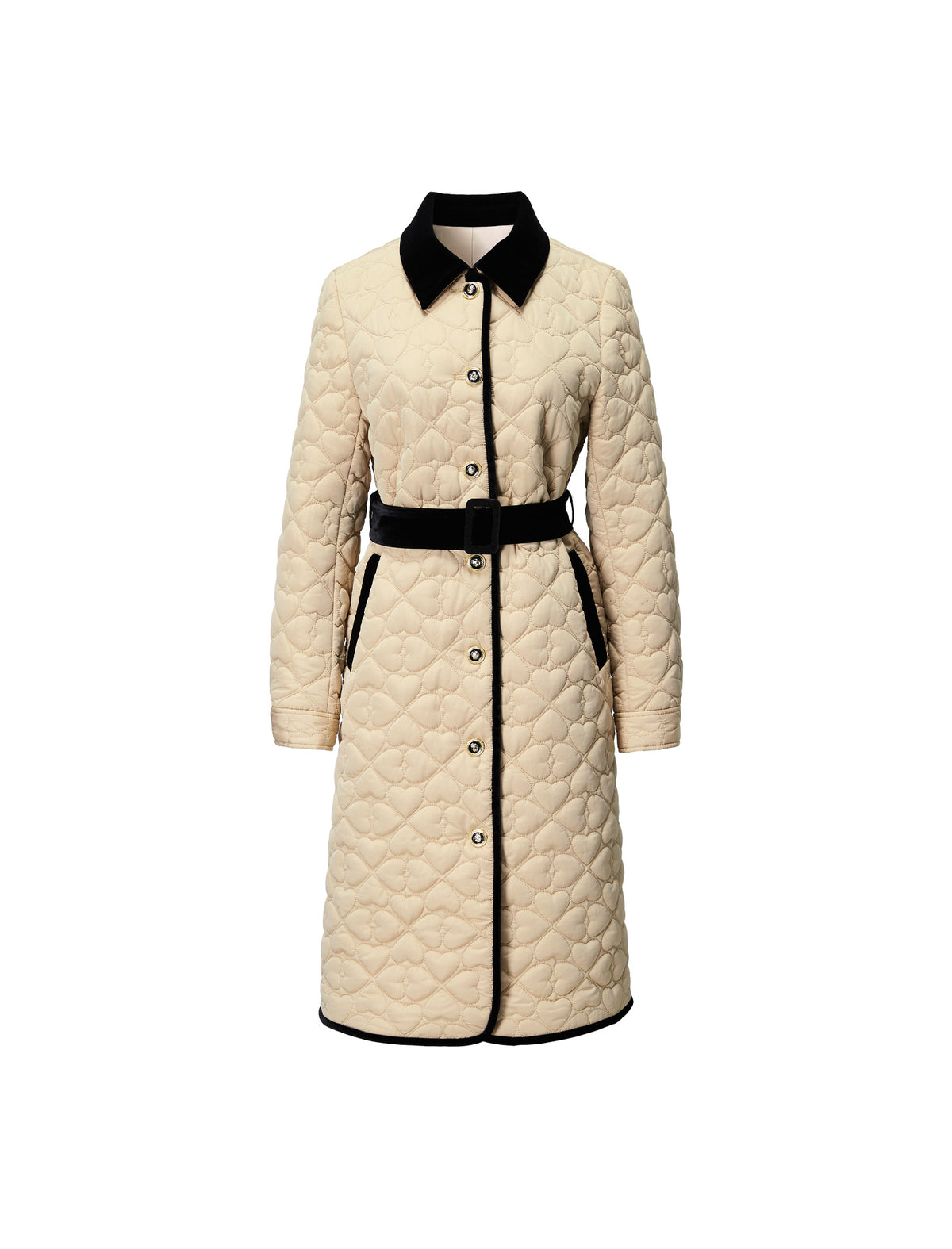 Velvet-Trim Collared Button-Front Belted Quilted Coat