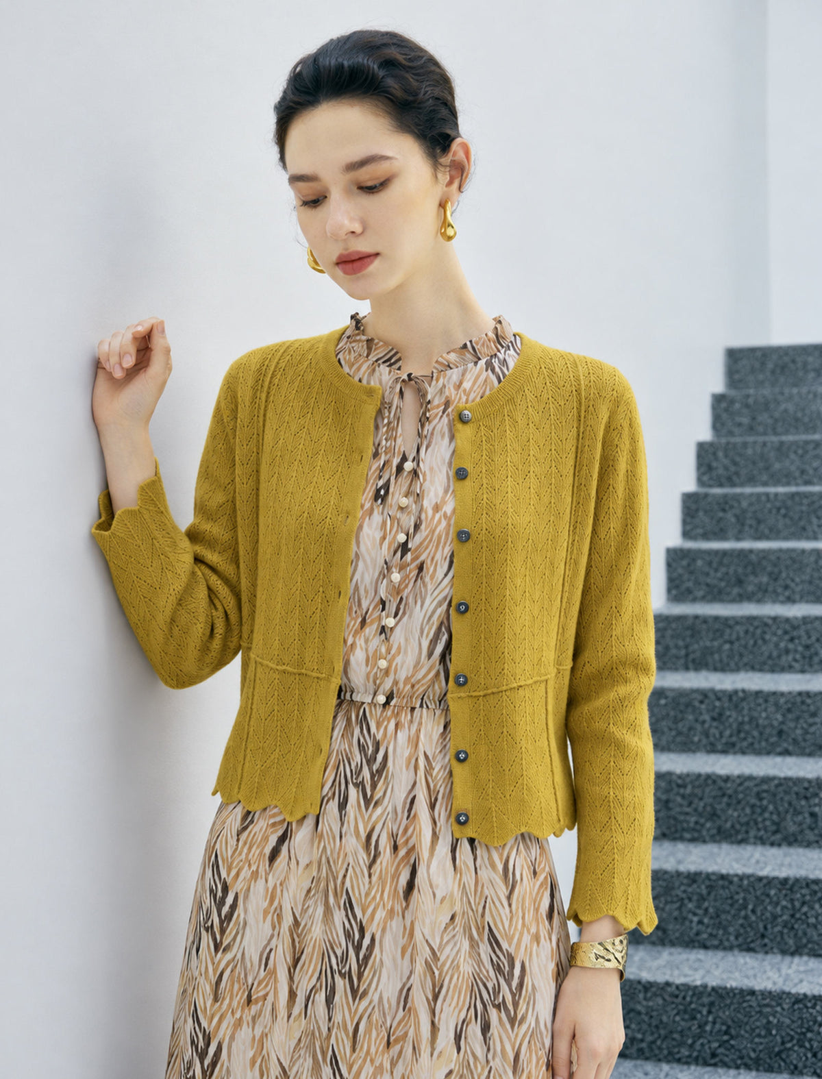 Cable Textured Long Sleeve Wave Hem Cardigan