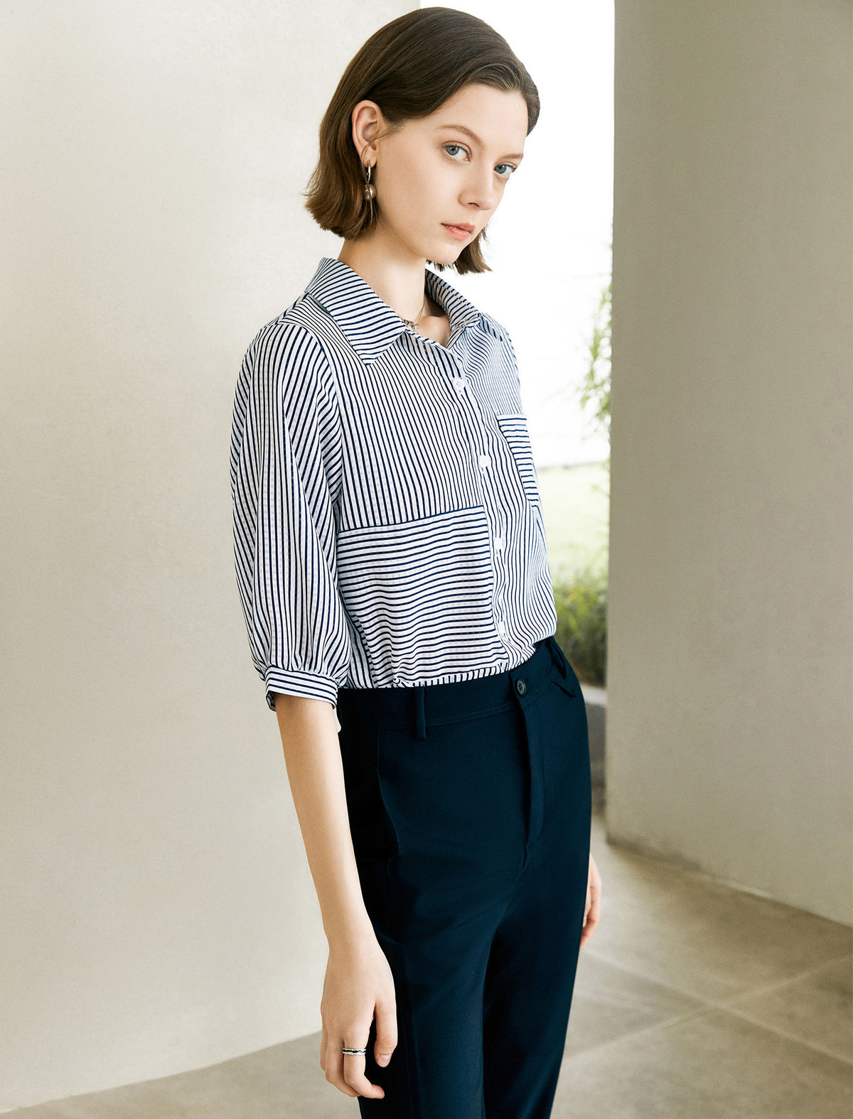 Simple Striped Jacquard Button-Down Shirt