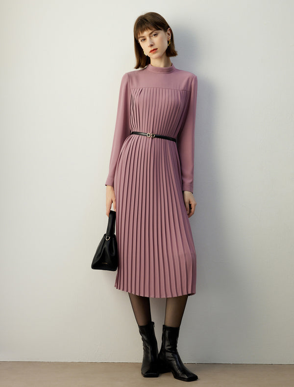Mock Neck Pleated Midi Dress
