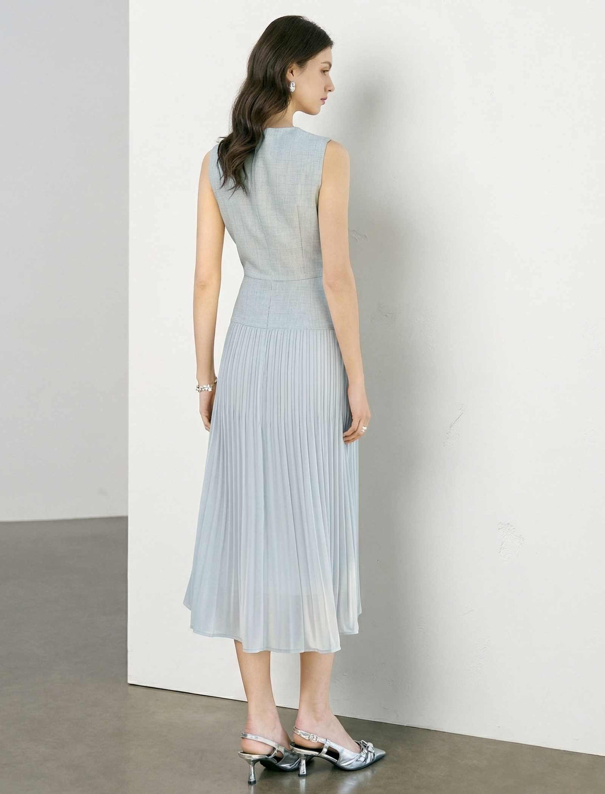 V-Neck Pleated Midi Dress