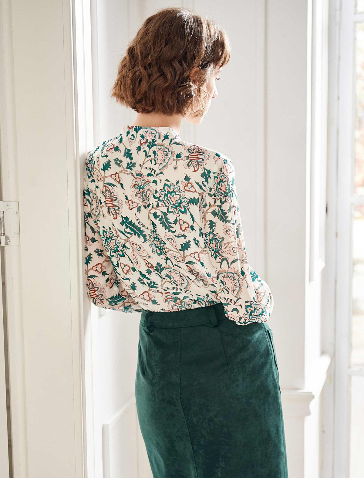 Floral Gathered Detail Mock-Neck Blouse