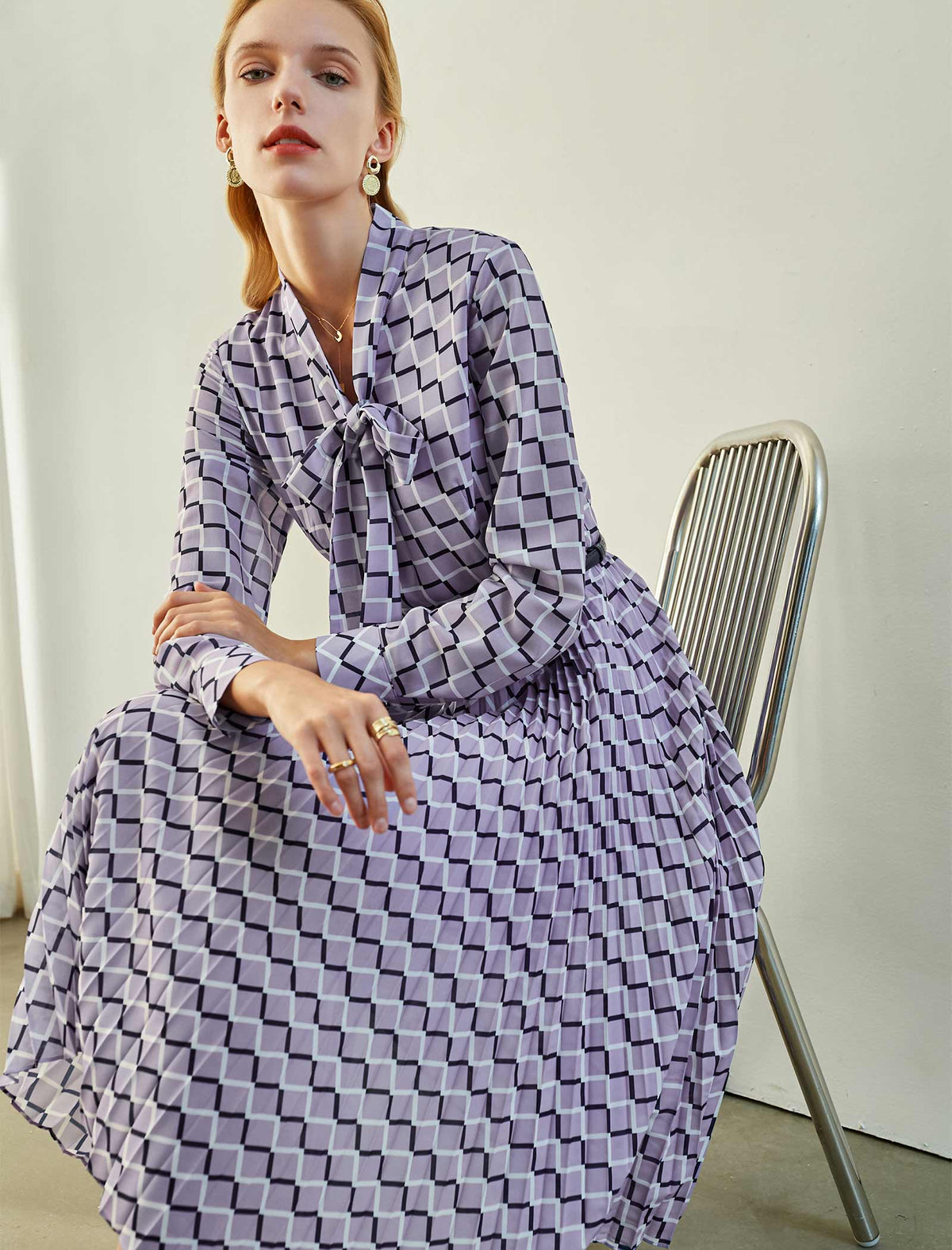 Lavender Grid Print Tie Neck Pleated Midi Dress