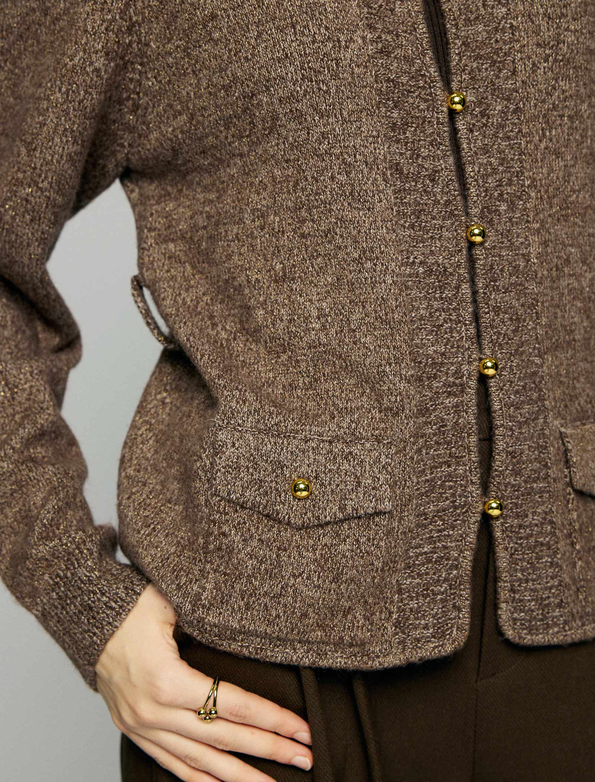 Wool Blend Gold-Button Tie-Waist Cardigan