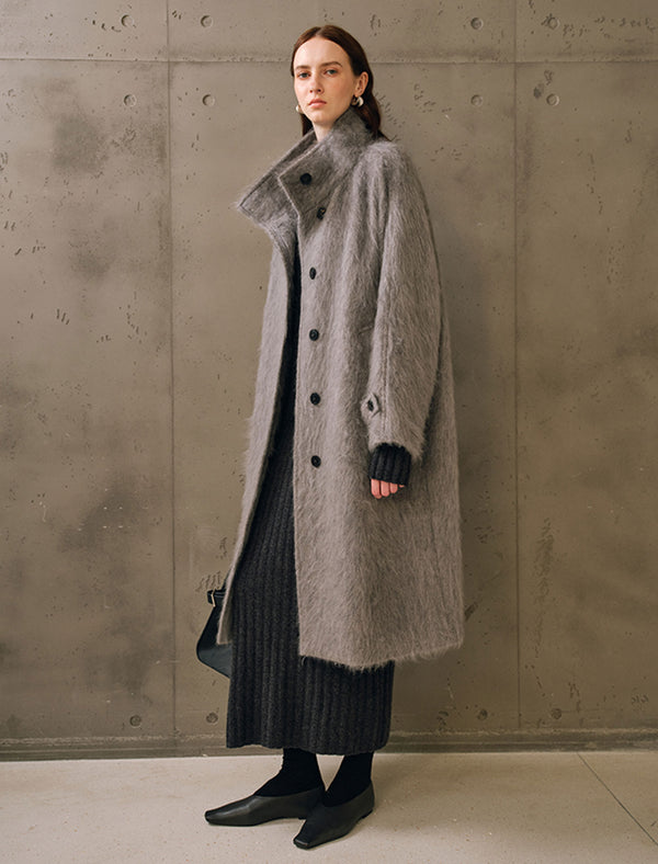 Wool-Cashmere Silk Blend Stand Collar Fuzzy Long Coat