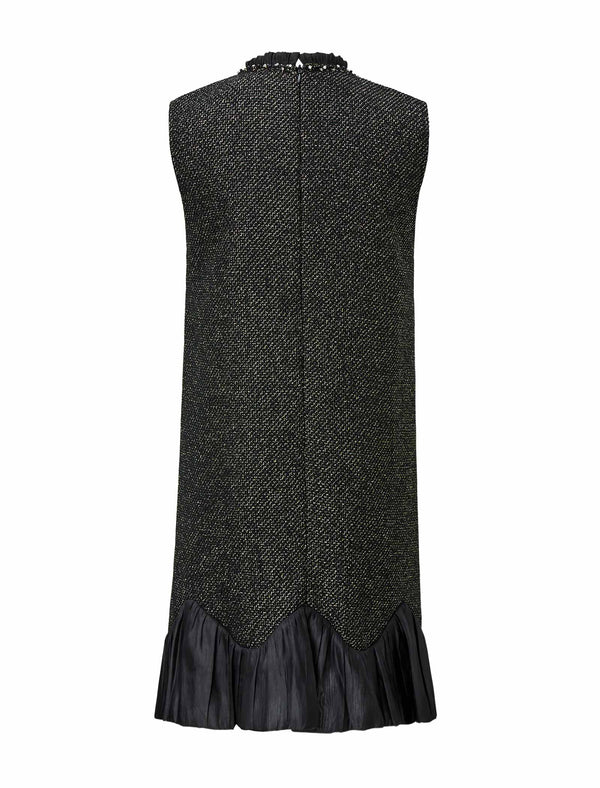 Black Tweed Wool-Blend Ruffle Hem Sleeveless Shift Dress