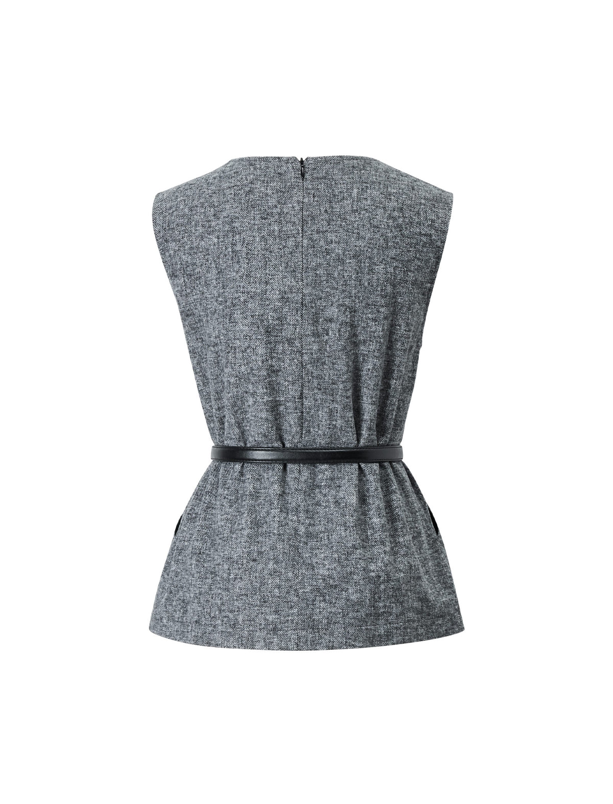 Wool Blend Crewneck Belted Pocket Sleeveless Vest