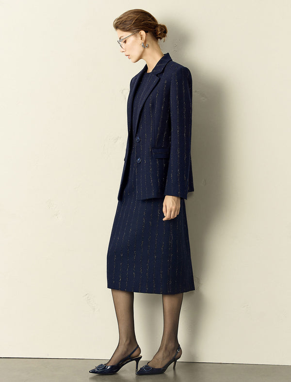 Wool Blend Navy Blue Metallic Striped Blazer
