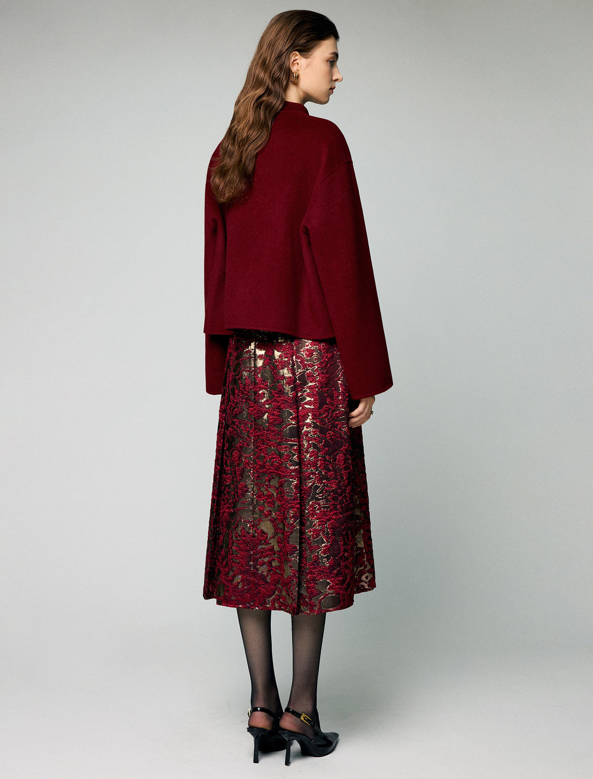 Wool Blend Frog-Button Fringe-Trim Stand-Collar Cropped Jacket
