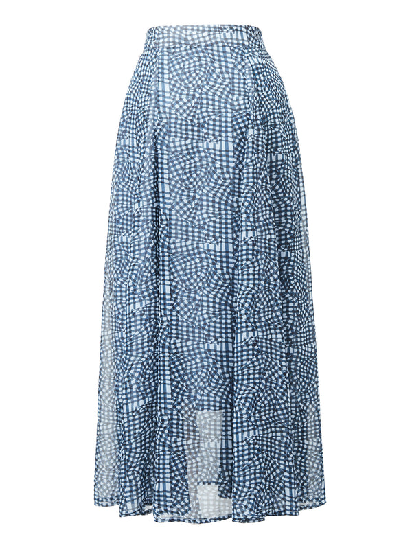 Blue Checkered Chiffon Midi Skirt