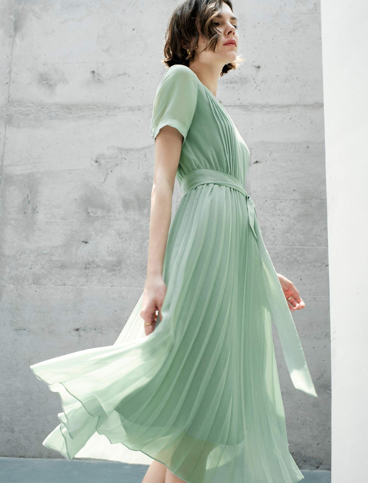 Waist-Cinched A-Line Pleated Short Sleeve Dress