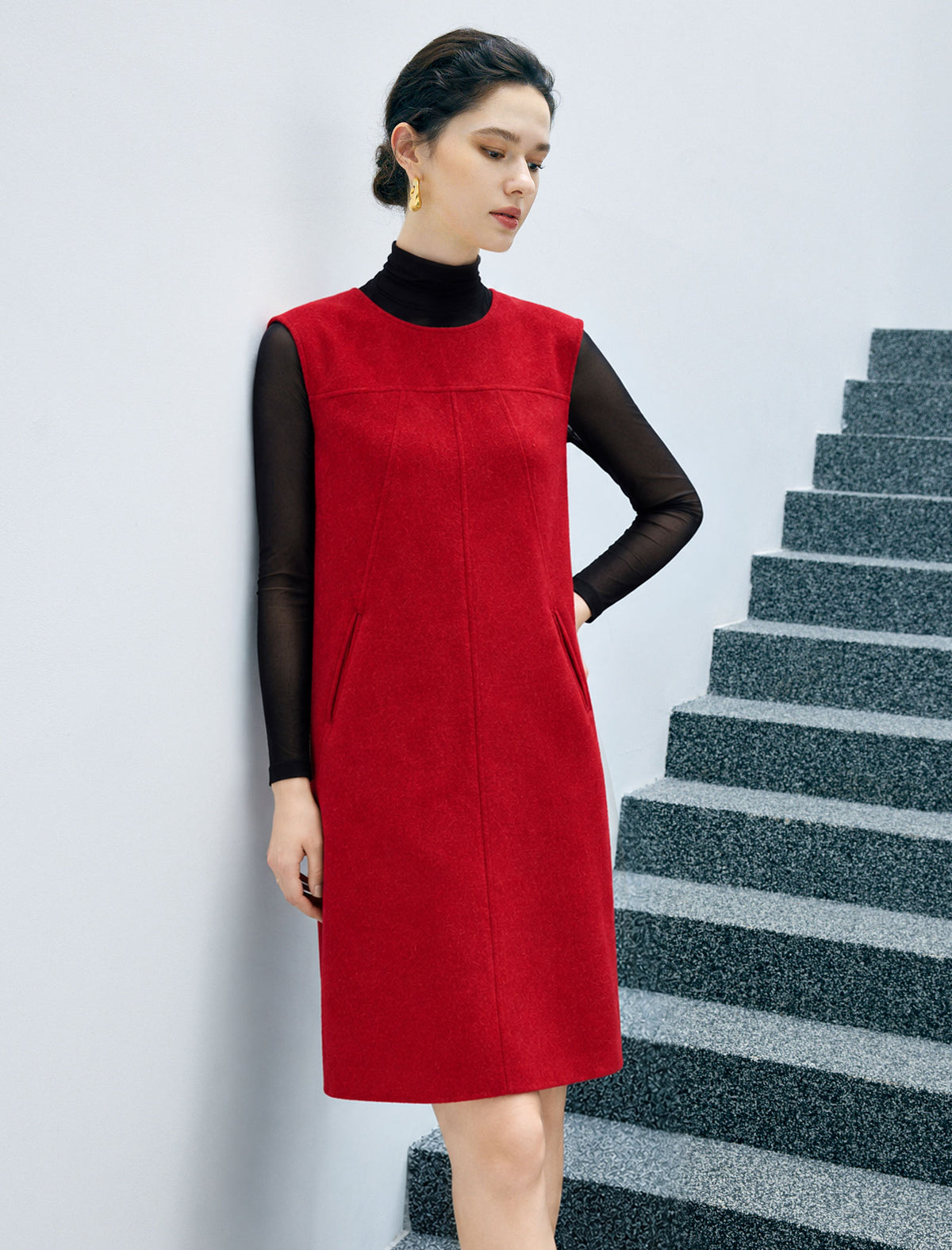 Wool Blend Sleeveless Midi Dress
