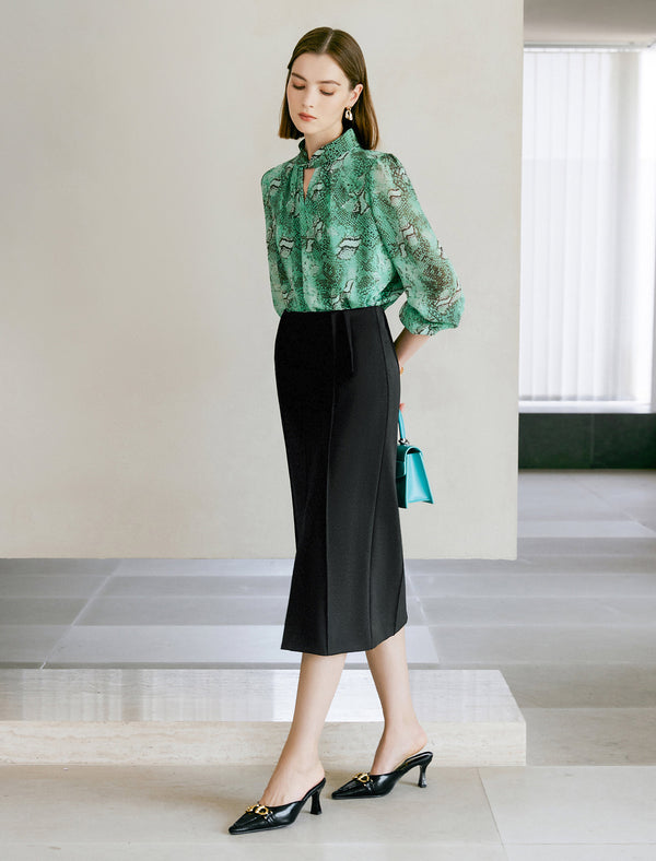 Black Front Slit Tailored Midi Pencil Skirt