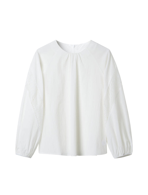 Mesh Detail Round Neck Puff Sleeve Blouse