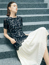 Two-Tone Black Lace Pleated Hem Midi Dress