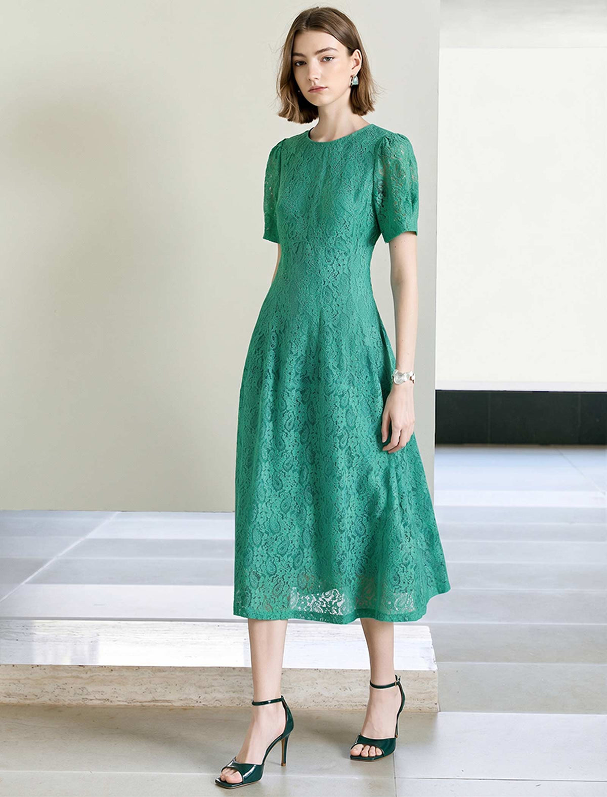 Light Blue Lace A-Line Midi Dress