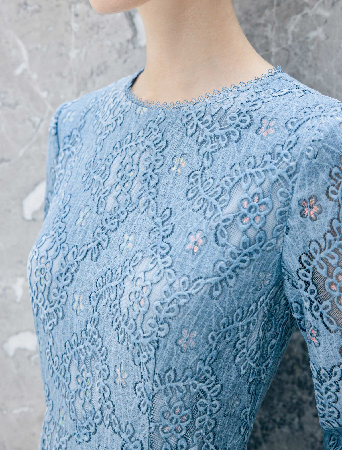Lace Floral Pattern Long Sleeve A Line Midi Dress