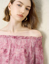 2-Way Pink Floral Print Ruffle Neck Puff Sleeve Elastic Hem Top