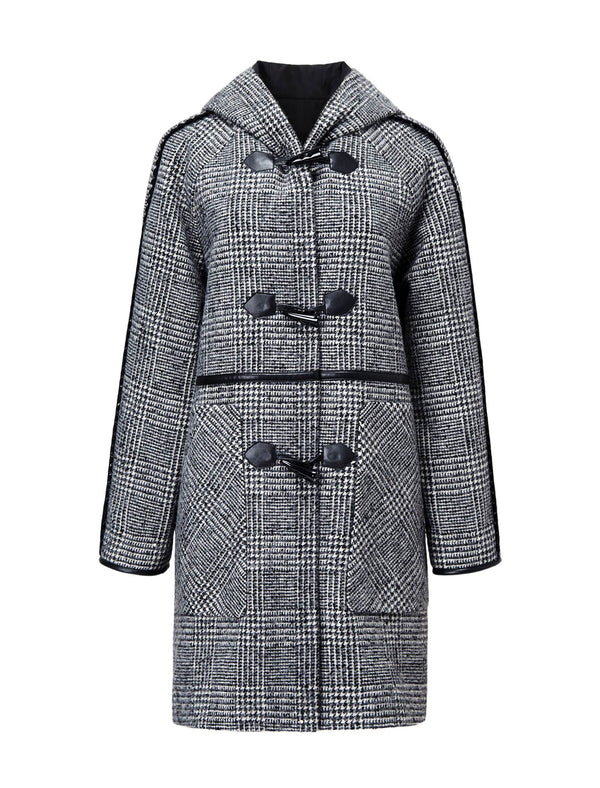 Plaid Wool-Blend Toggle Hooded Coat