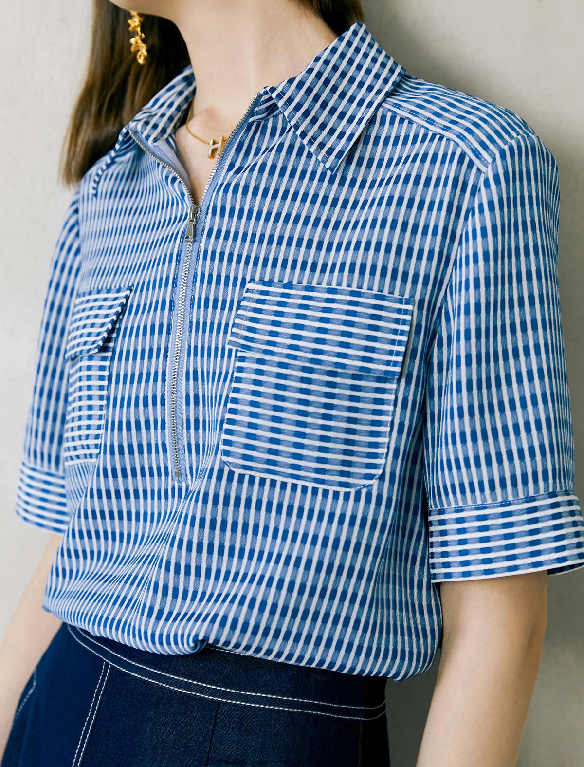 V-Neck Short Sleeve Polo Knit Top