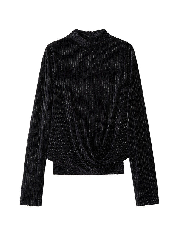 Shimmery Striped Mock Neck Long-Sleeve Top