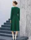 Jacquard V-Neck Chain-Trim Long Sleeve A-Line Midi Dress