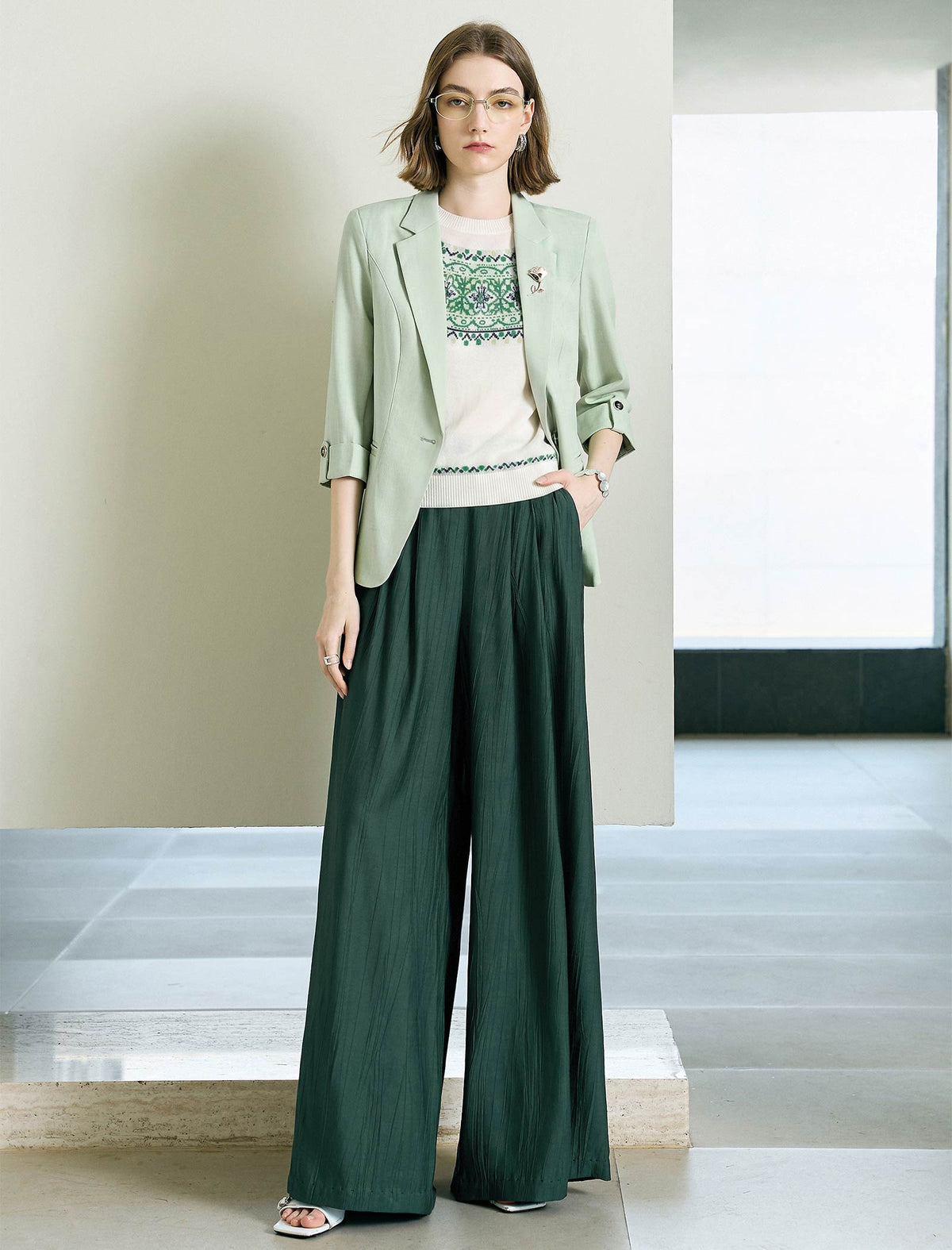 Textured High Waist Wide Leg Floor-Length Pants