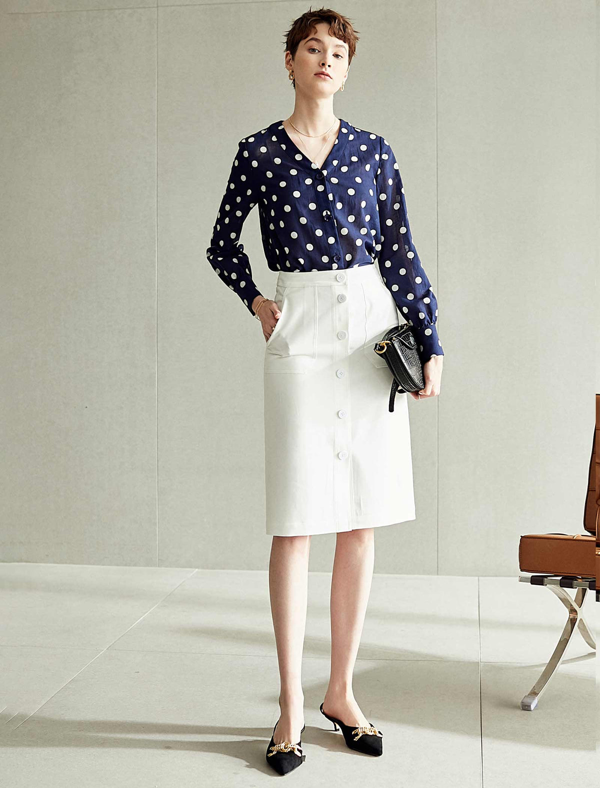 White Button-Front Midi Pencil Skirt