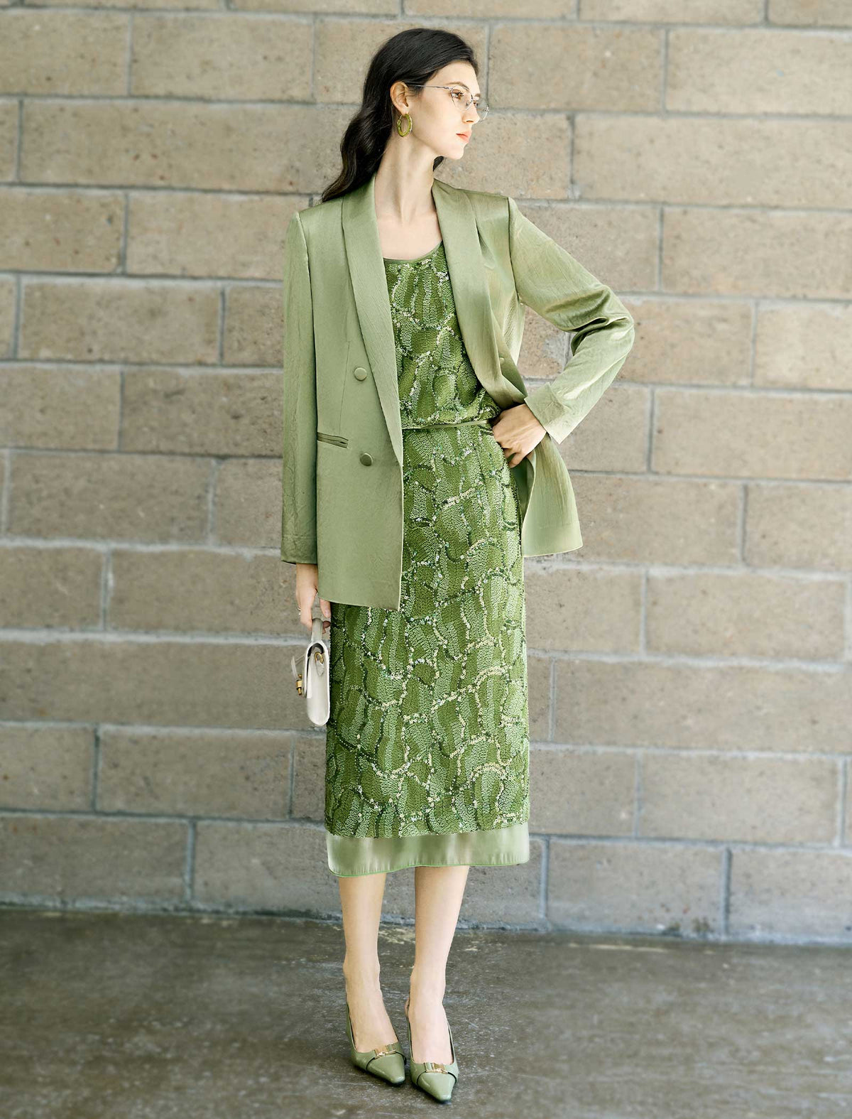 Sage Green Acetate Textured Double-Breasted Blazer