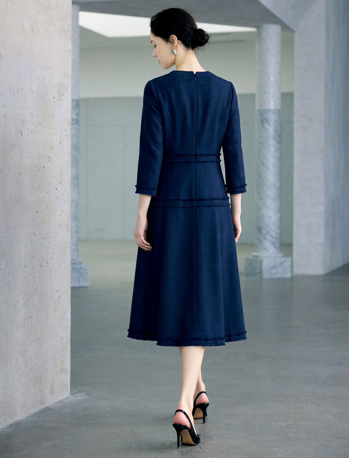 Sculpted Navy Texture Fringe Trim Midi Dress
