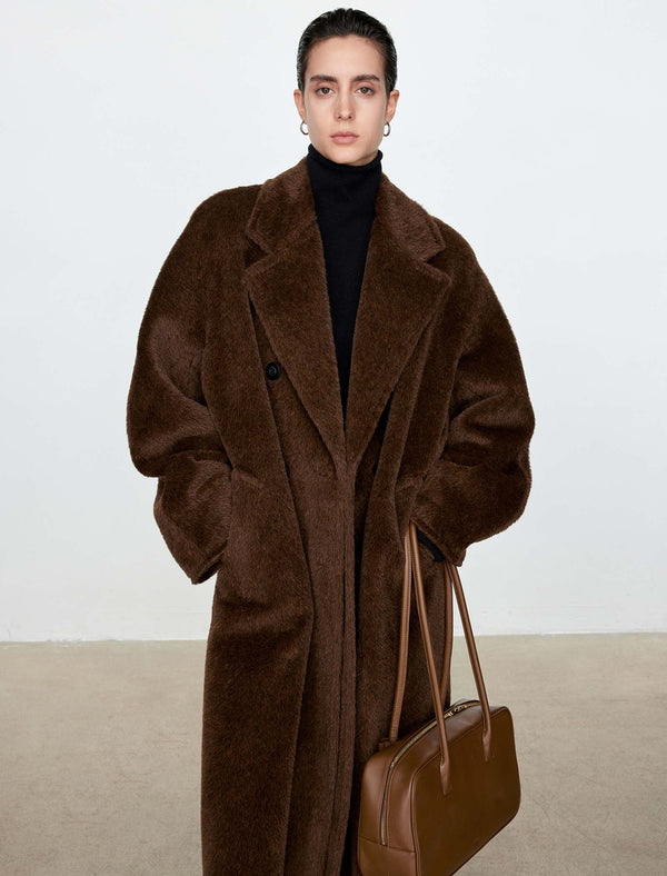 100% Alpaca Double-Breasted Wool Long Coat