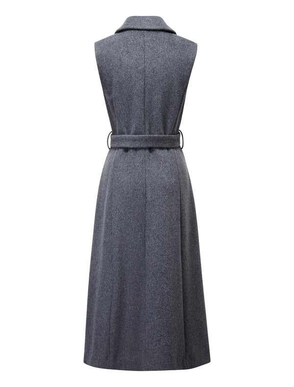 Wool Blend Tailored Sleeveless Midi Dress with Belt