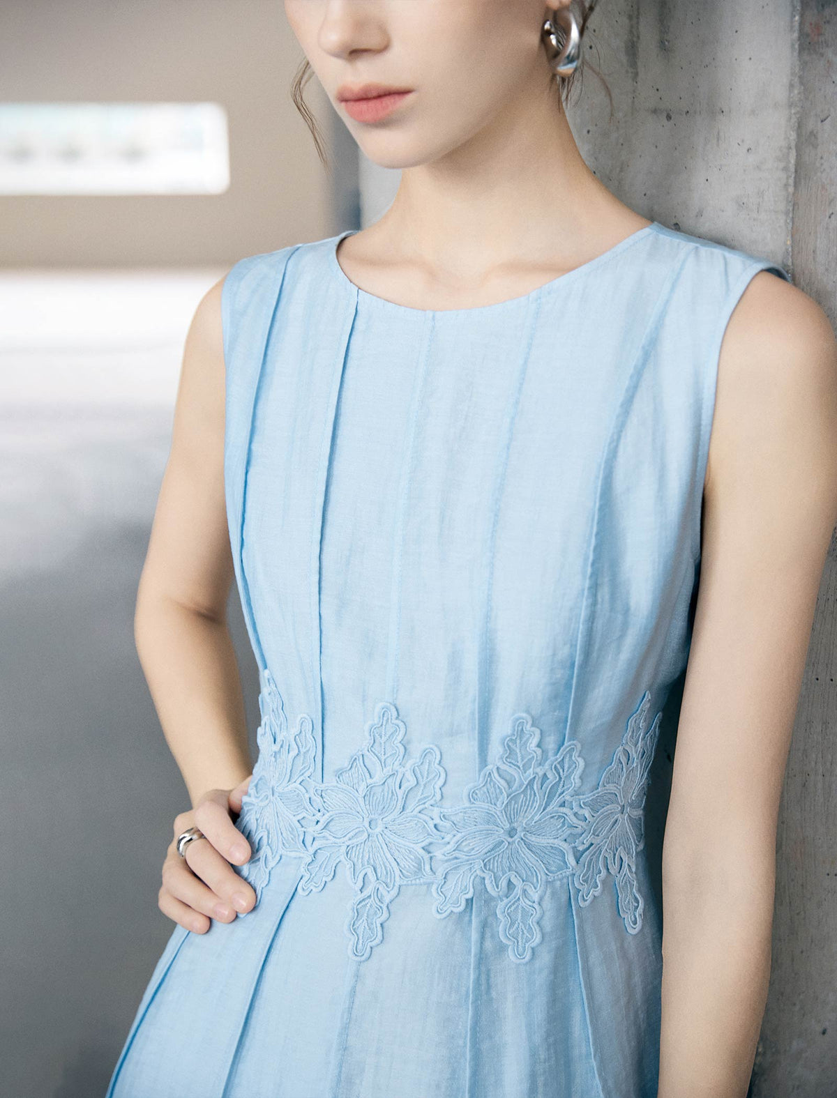 Tencel Sleeveless Lace-Waist Midi Dress