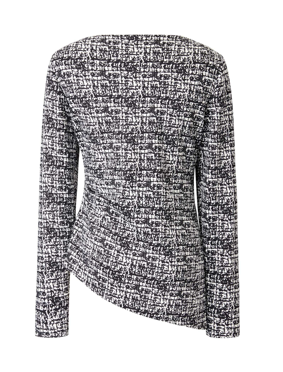 Ink-Print Round Neck Waist-Defining Long-Sleeve Blouse